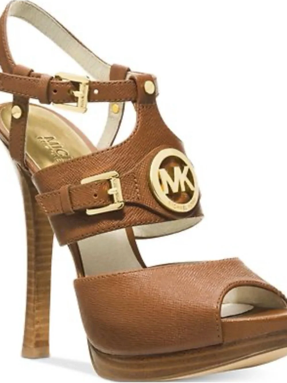 Michael KORS MACKENZIE MK GOLD LOGO SAFFIANO PLATFORM SANDALS SIZE 9 - Picture 1 of 8
